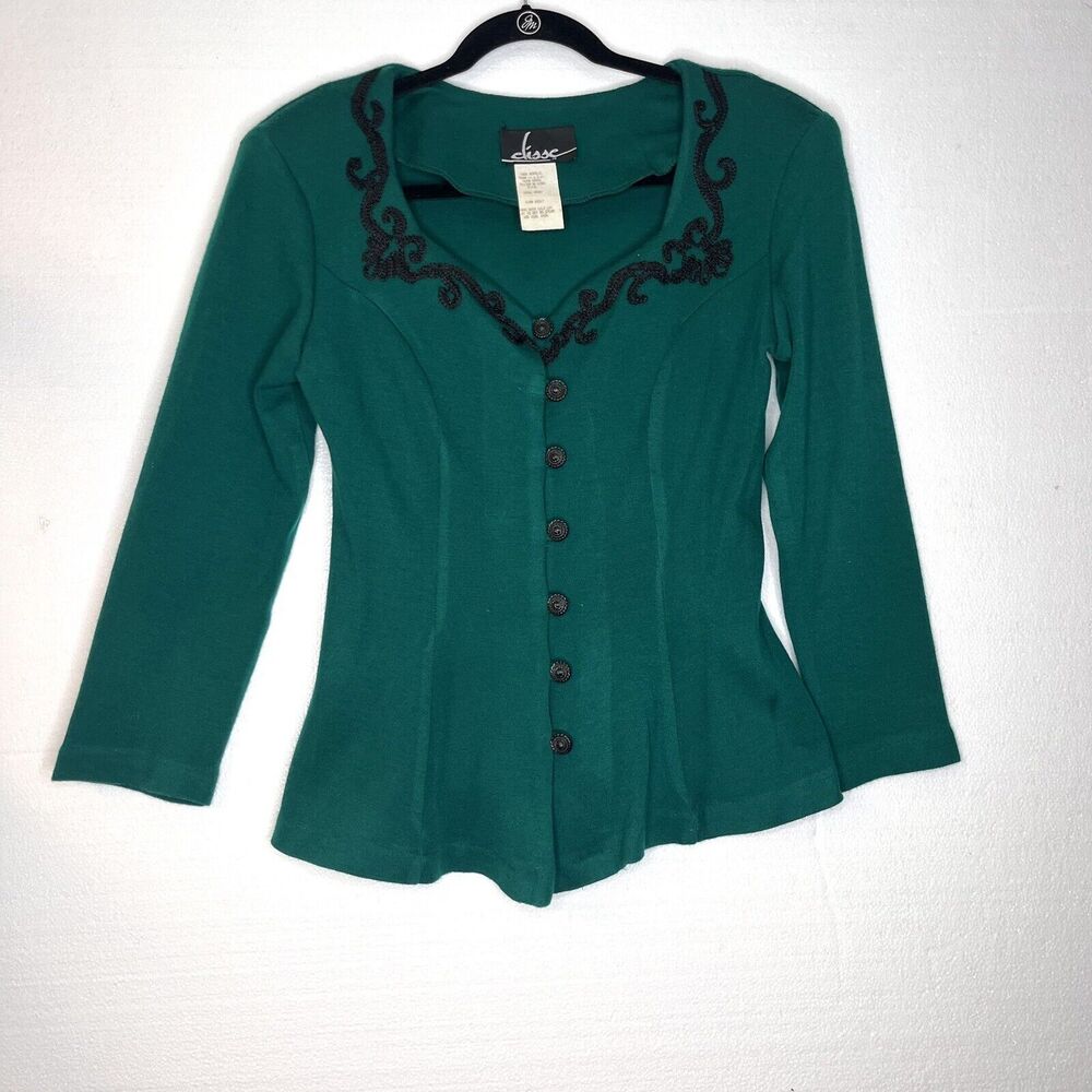 Elisse Vintage Green Black Applique Structured Cardigan Jacket size 5/6